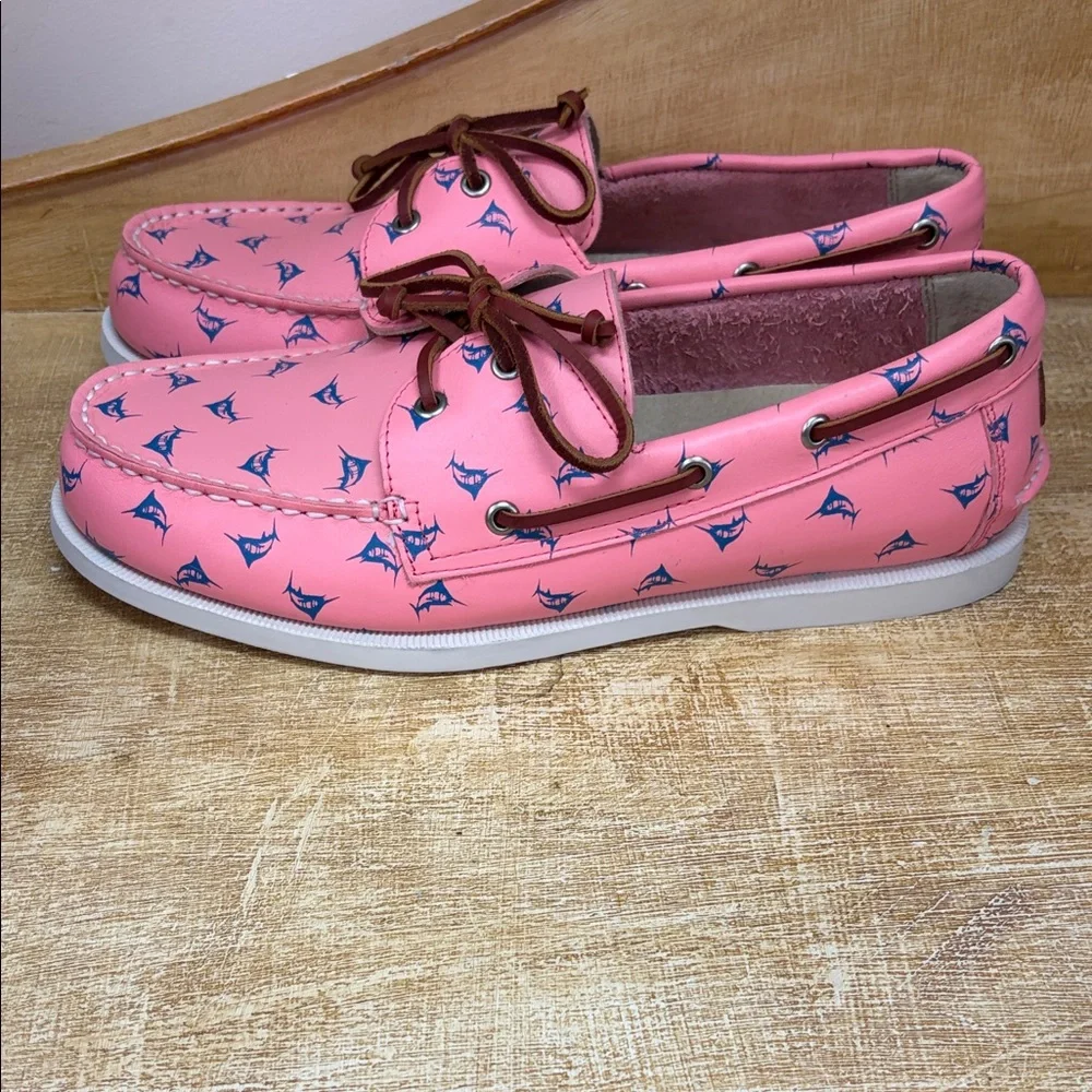 Froats Vibrant Pink Boat Shoes with Blue Fish Pattern